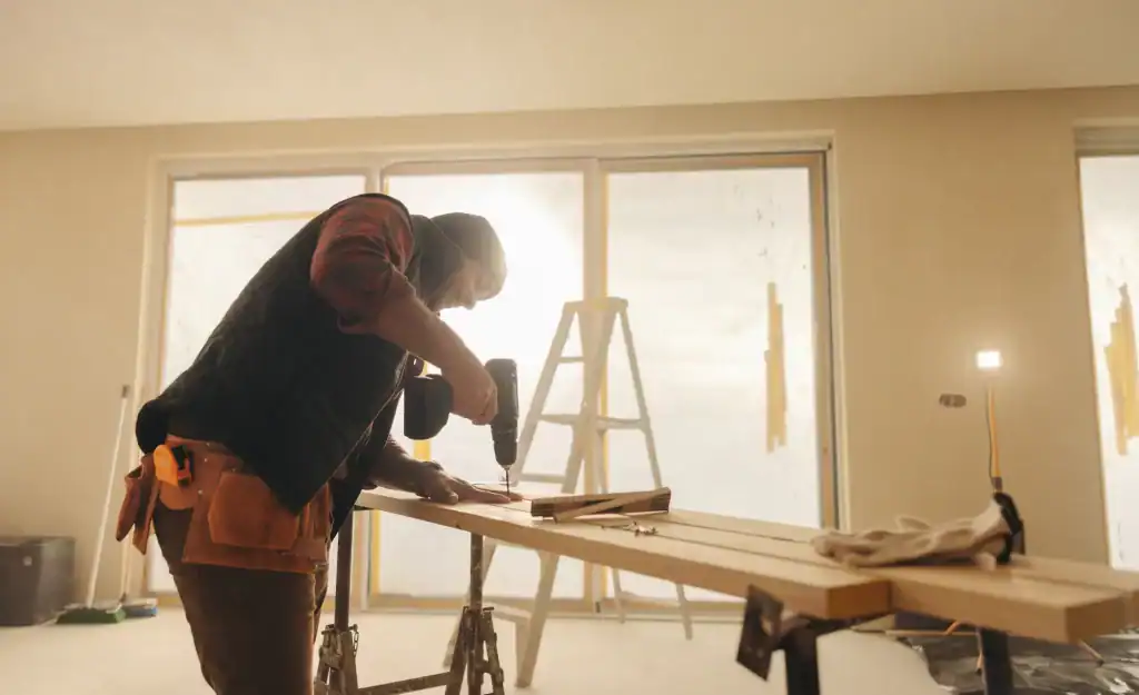 A construction worker with a general contractor Contra Costa & Alameda County drills into a wooden plank in a sunlit CA room with large windows. A ladder and work tools are visible in the background.