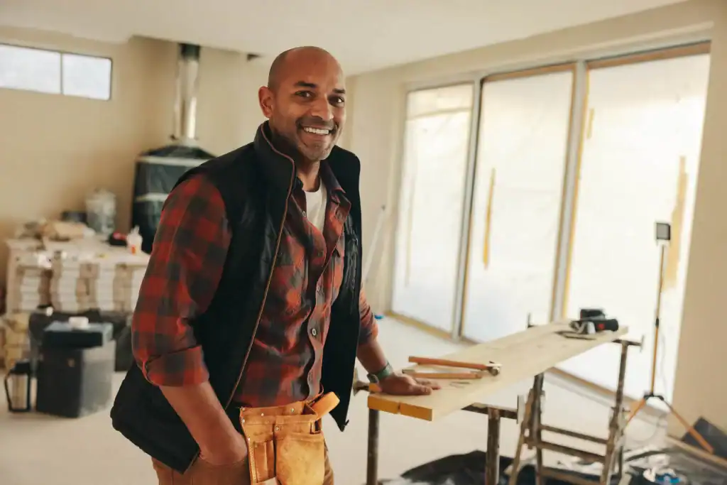 A smiling man in a plaid shirt and tool belt stands in a bright, unfinished room with construction materials, suggesting he is a CA general contractor working on a renovation project in Contra Costa & Alameda County.