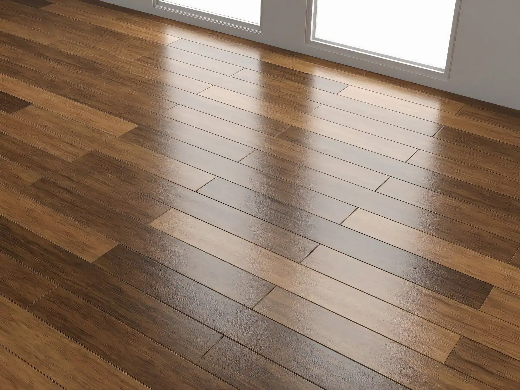 A close-up view of a smooth, polished wooden floor with varying shades of brown, reflecting natural light from large windows&mdash;expertly crafted by a general contractor in Contra Costa & Alameda County, CA.
