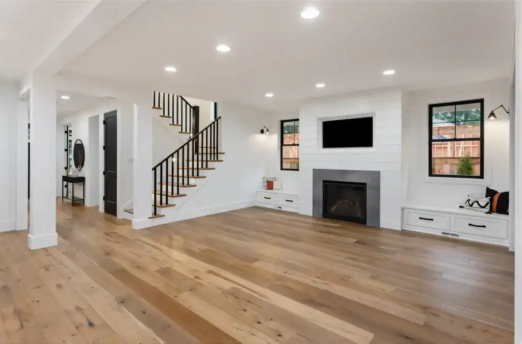 A modern, spacious living room with light wood floors, white walls, a fireplace with a TV above it, built-in benches under windows, and a staircase with a black railing leading upstairs.