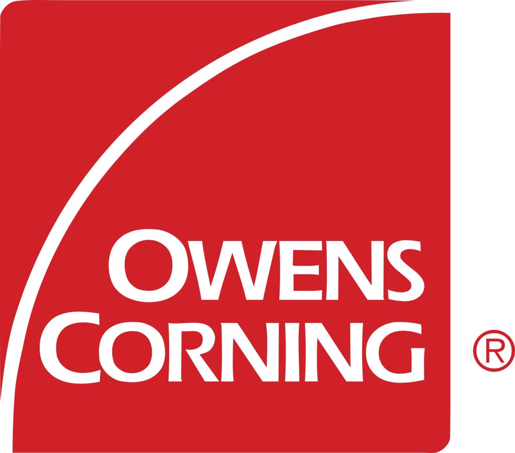 Owens Corning logo with white text on a red background, featuring a curved white line in the upper left corner.